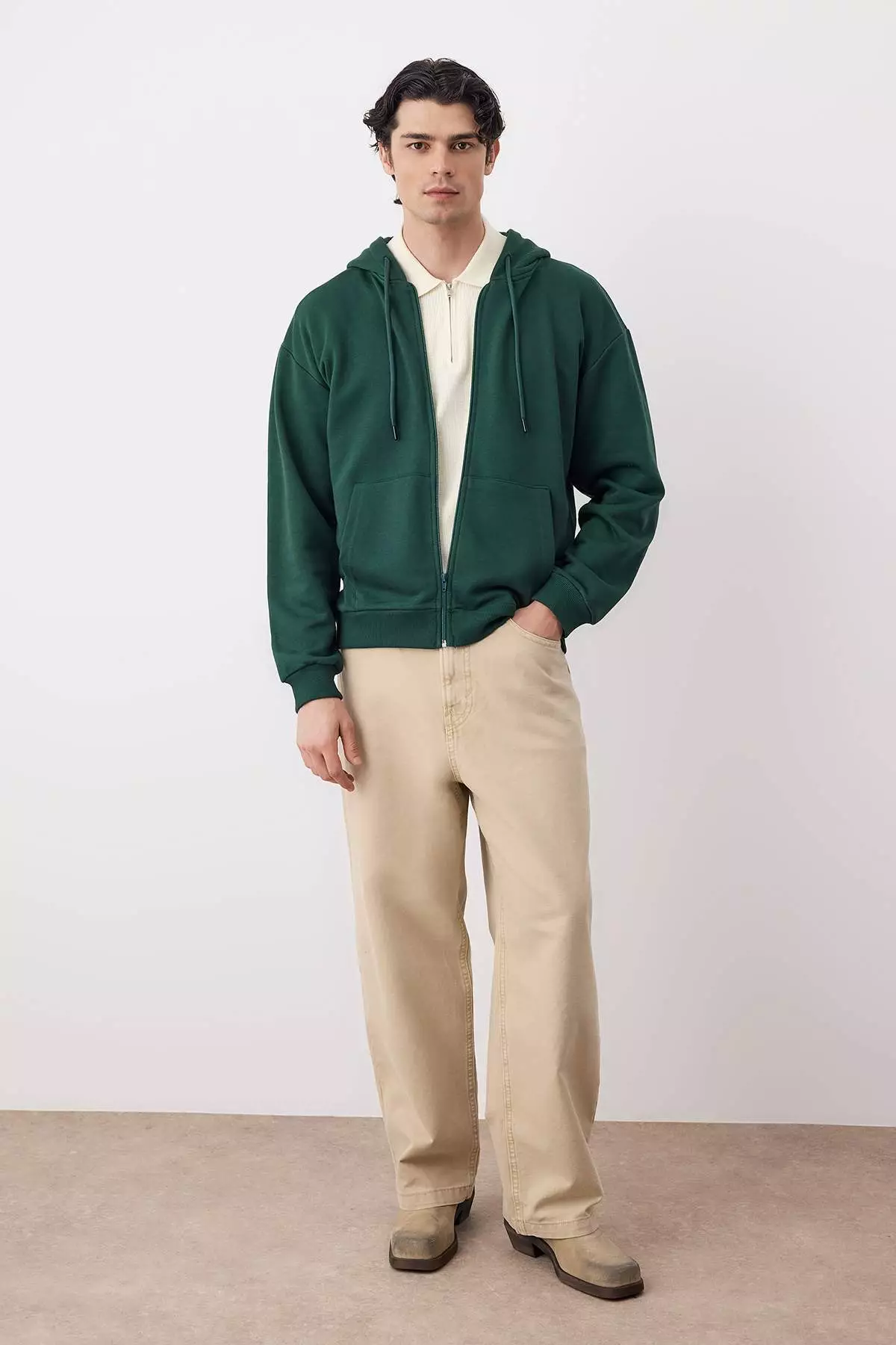 Dark Green Oversize/Wide Cut Zippered Basic Non-Raising Sweatshirt-Cardigan