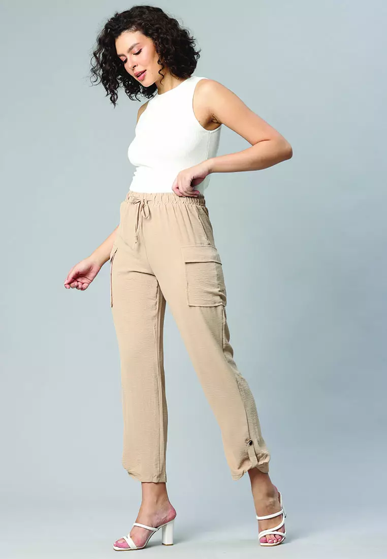 Beige Drawstring Waistband Cargo Pants