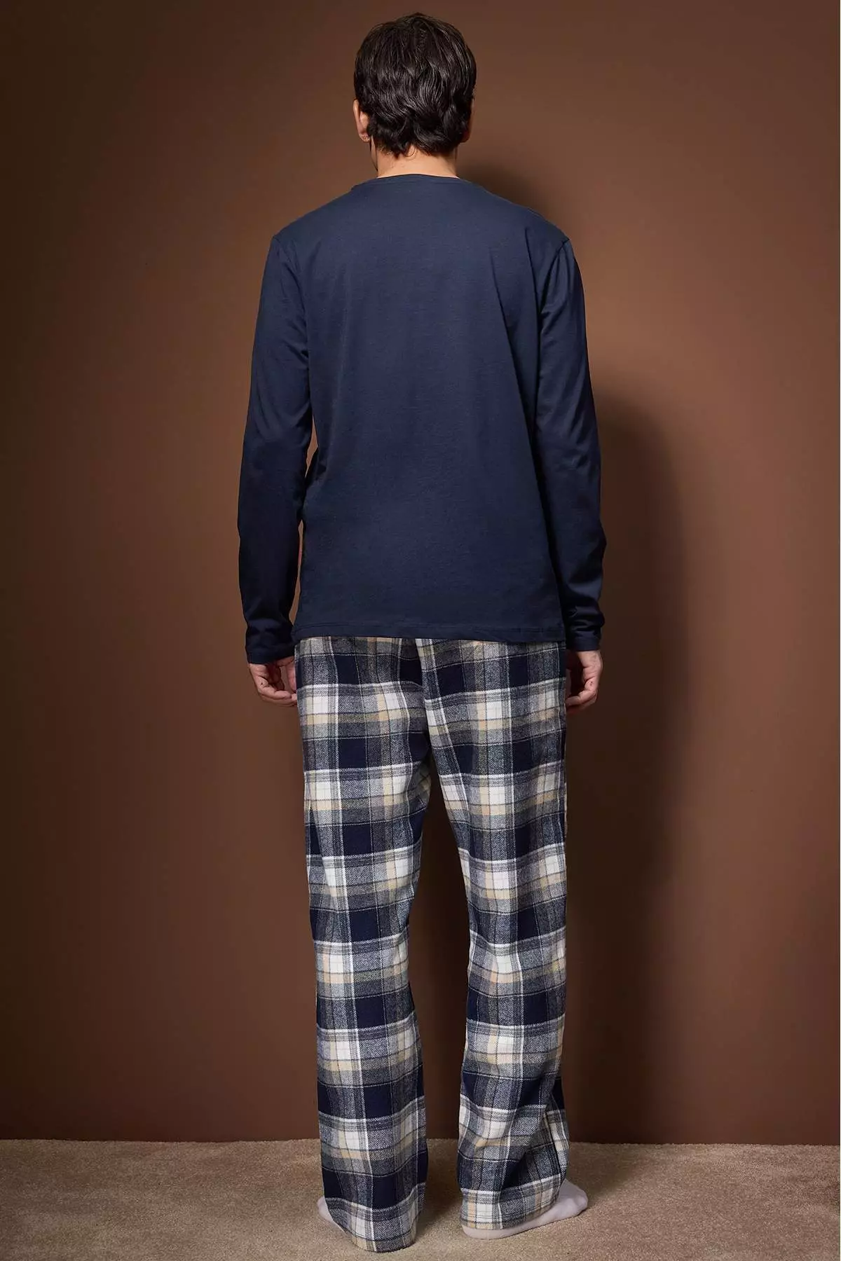 Navy Blue Regular Plaid / Checkered Woven Pajama Set Tmnaw26Pt00061