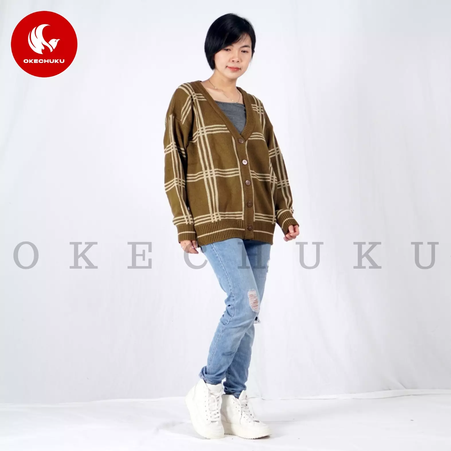  KARDIGAN MINGYU Cardigan Rajut V Neck Unisex Pria Wanita - Bronze