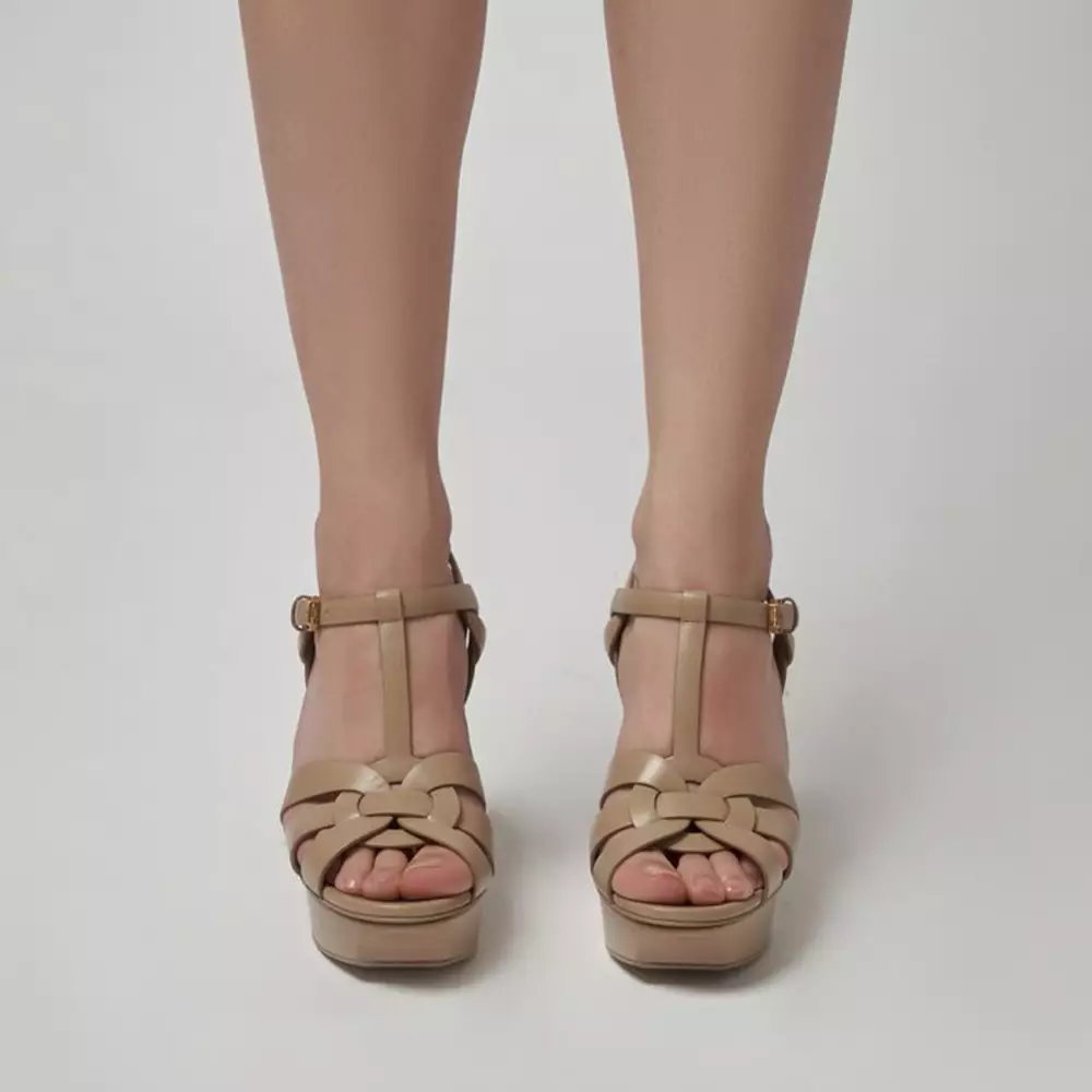 Tribute 105 Smooth Leather Platform Sandal Heels Dark Beige