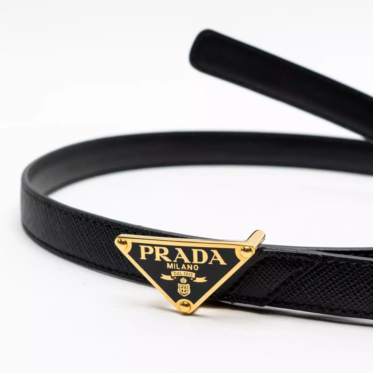 Triangle Buckle Logo Saffiano Leather Belt 15mm Black