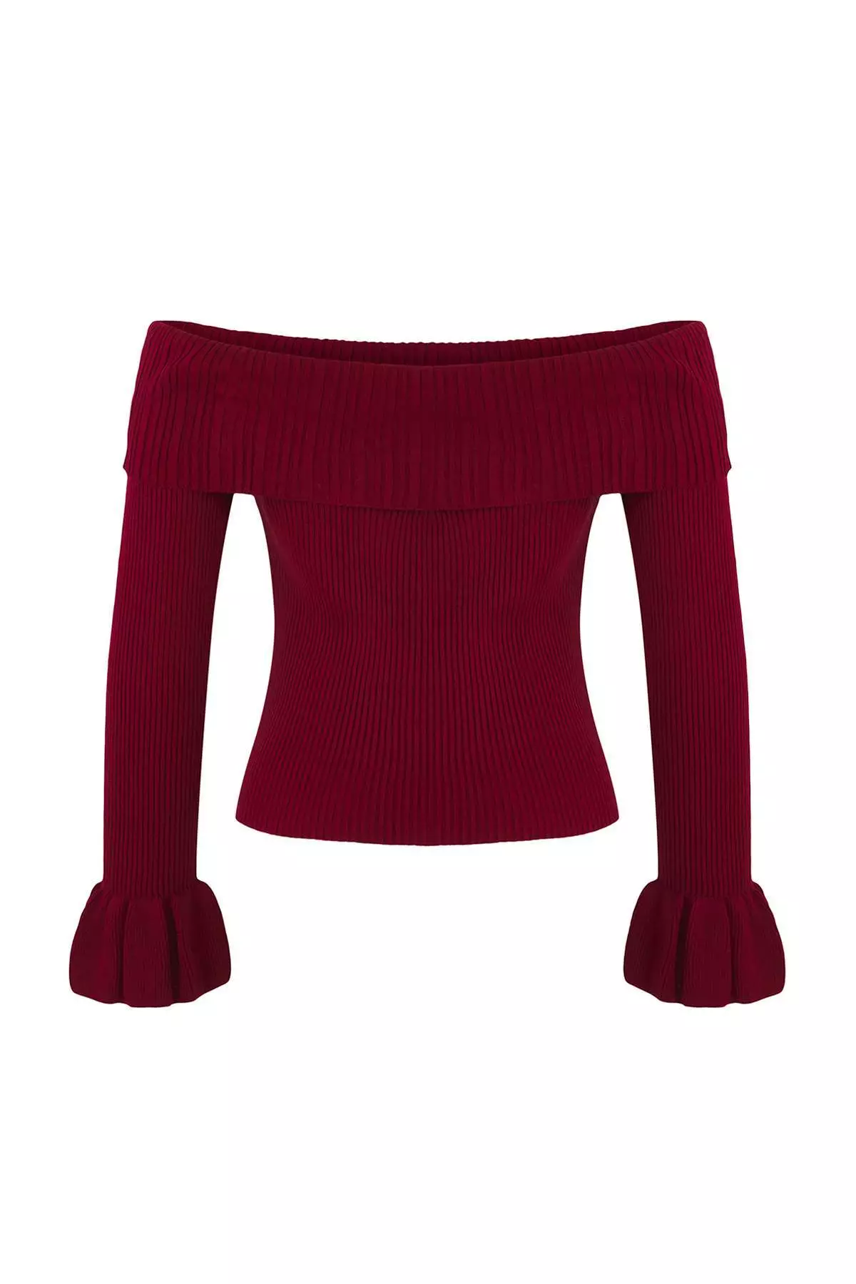 Burgundy Fitted Body Carmen Collar Ribbed Knitwear Sweater