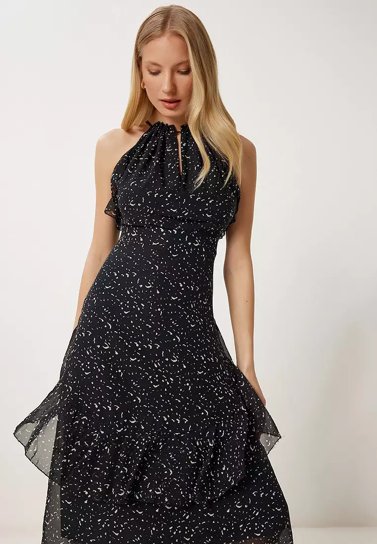 Women's Black Bone Pattern Flounced Summer Chiffon Dress Fg00025