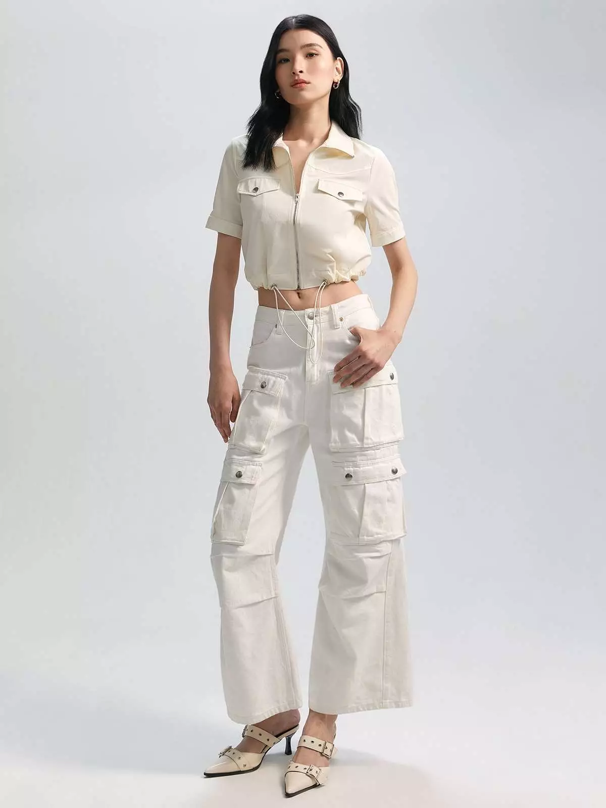 Zipper Cropped Shirt with Drawstring Detail - White