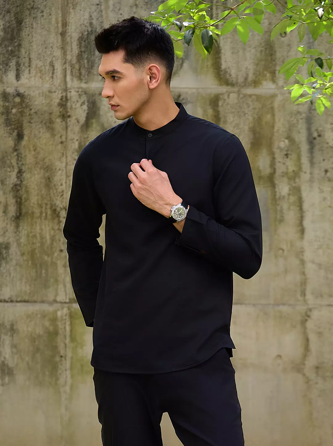 OXCON Kemeja koko Tangan Panjang Collarless Azfar Hitam