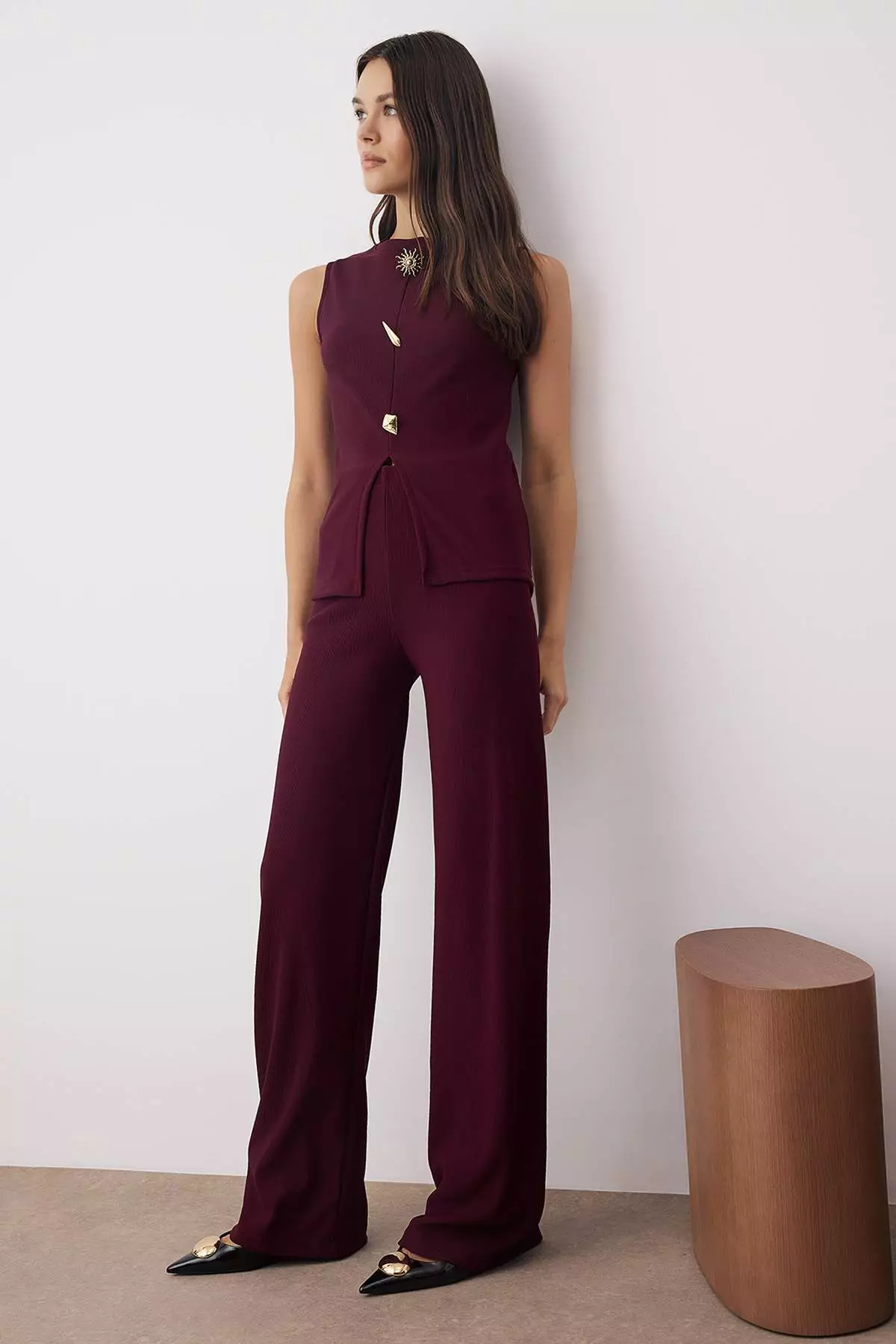 Plum Zero Sleeve Ottoman Bodycon Button Detailed Stretchy Knitted Bottom - Top Set Twoaw26Au83