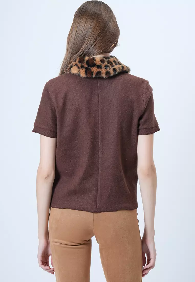 Leopard Detachable Fur Detailed Knitted Blouse