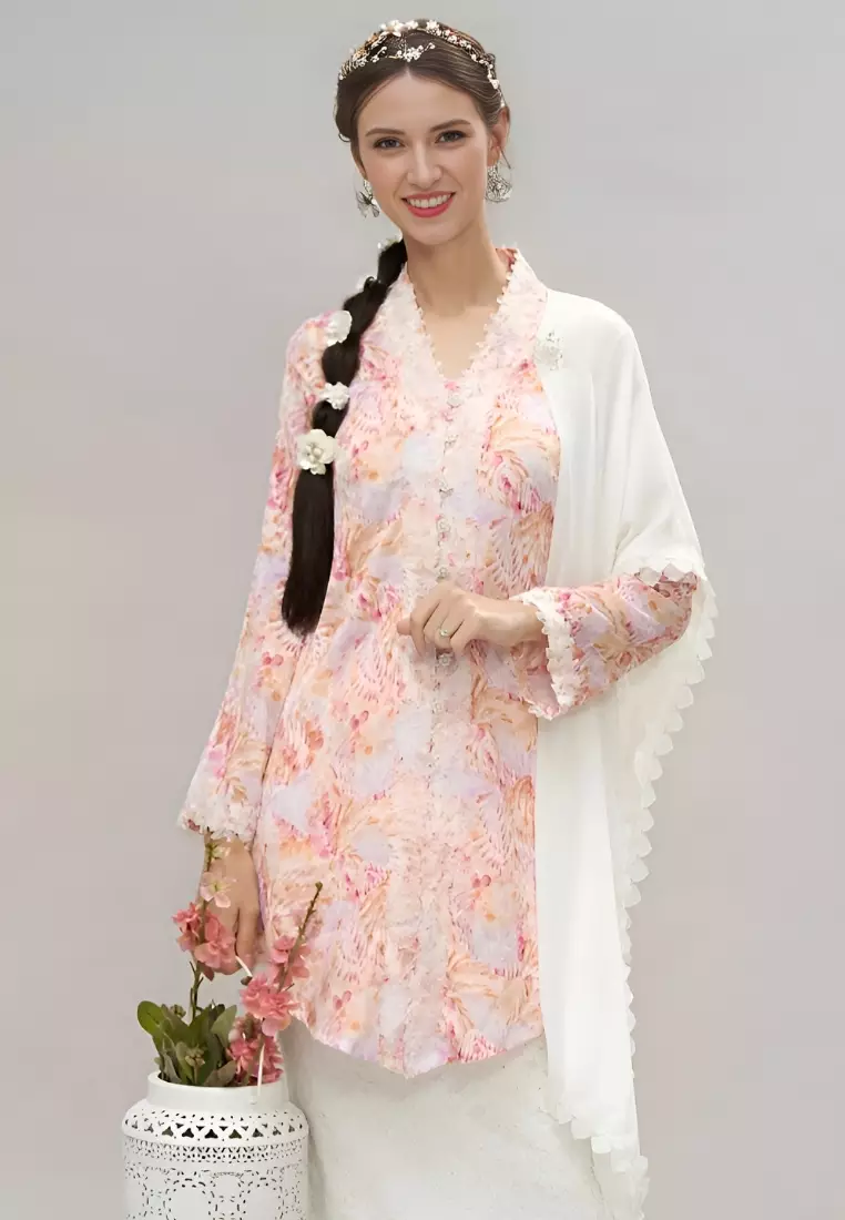 Pink Floral Lace Trimming Kebaya Top