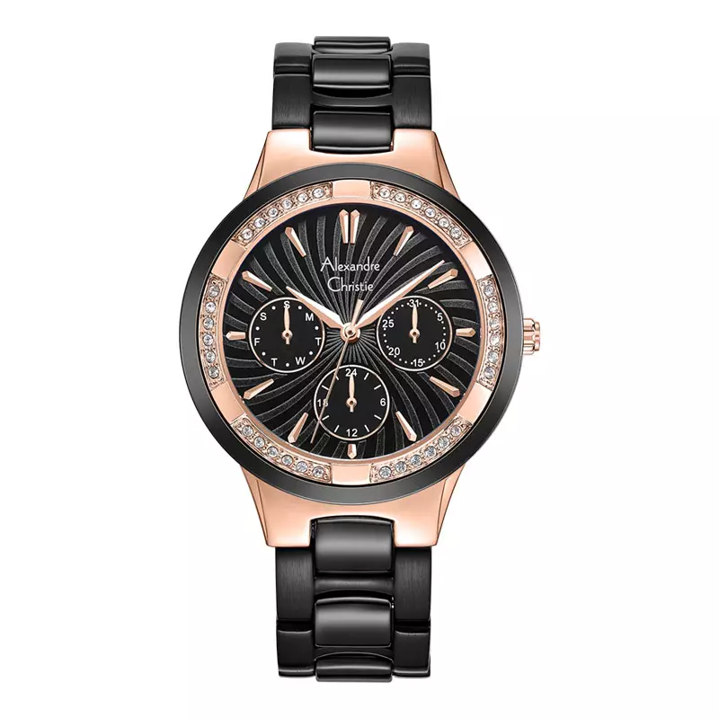 Jam Tangan Wanita Alexandre Christie Multifunction AC 2299 BF BBRBA Ladies Black Dial Black Ceramic Strap