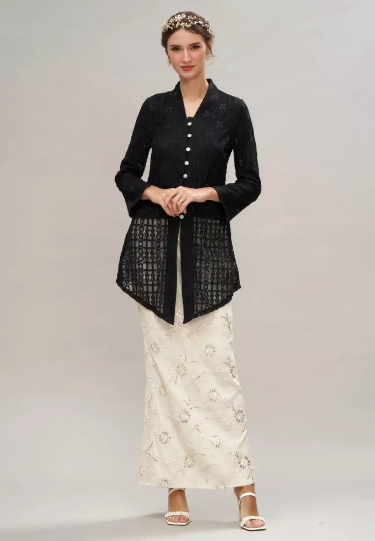 Black Checkered Lace Kebaya Top & Brokat Skirt