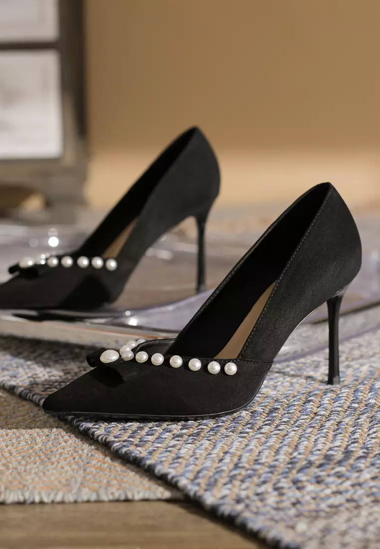8.5CM Pearl Bow Pointy Suede Pumps TE7198-9