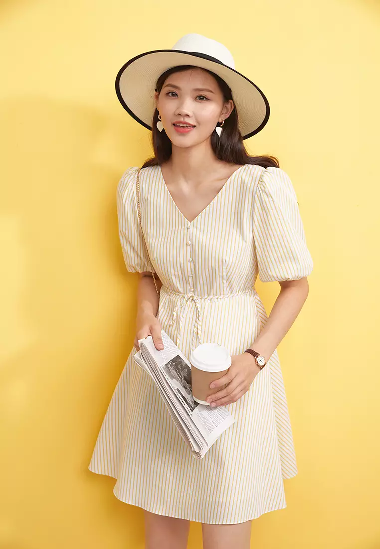 Puff Sleeve V-Neck Striped Mini Dress