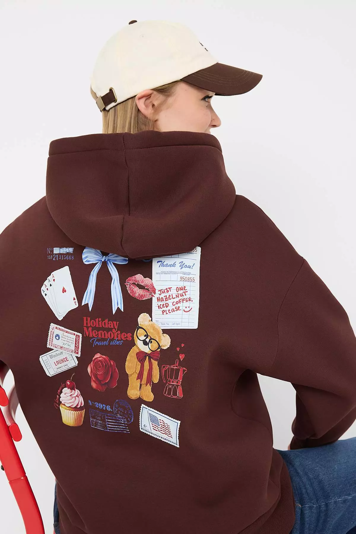 Teen Brown Back Printed Oversize Pattern Hooded Polar Fleece Knitted Sweatshirt