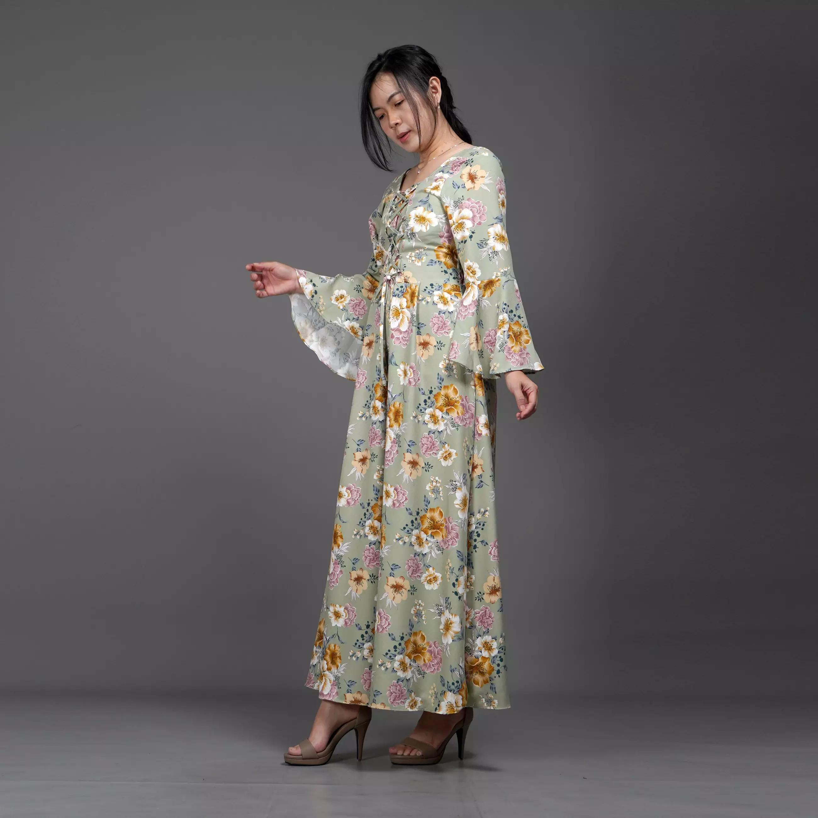 CLOVERIA Long Dress Motif Bunga Gaya Korea Dress Wanita Korean Style - Mint