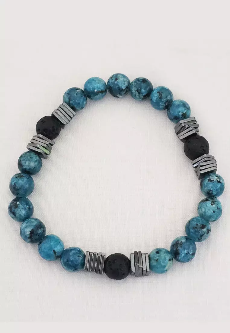 Aksesoris Gelang Pria Lava & Blue Agate Beads Bracelet Black & Blue