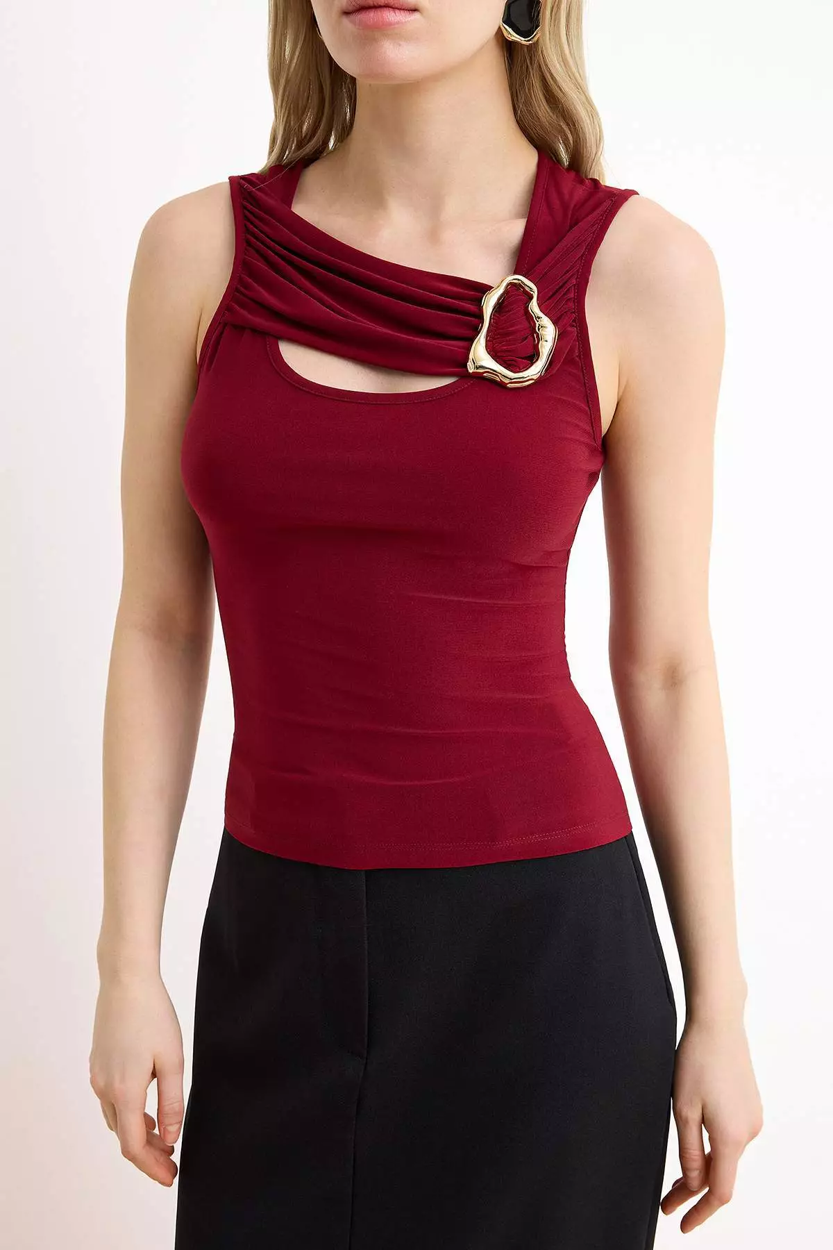 Burgundy Fitted/Bodycon Pool Collar Sleeveless Accessory Detailed Stretchy Knitted Blouse Twoss26Bz472