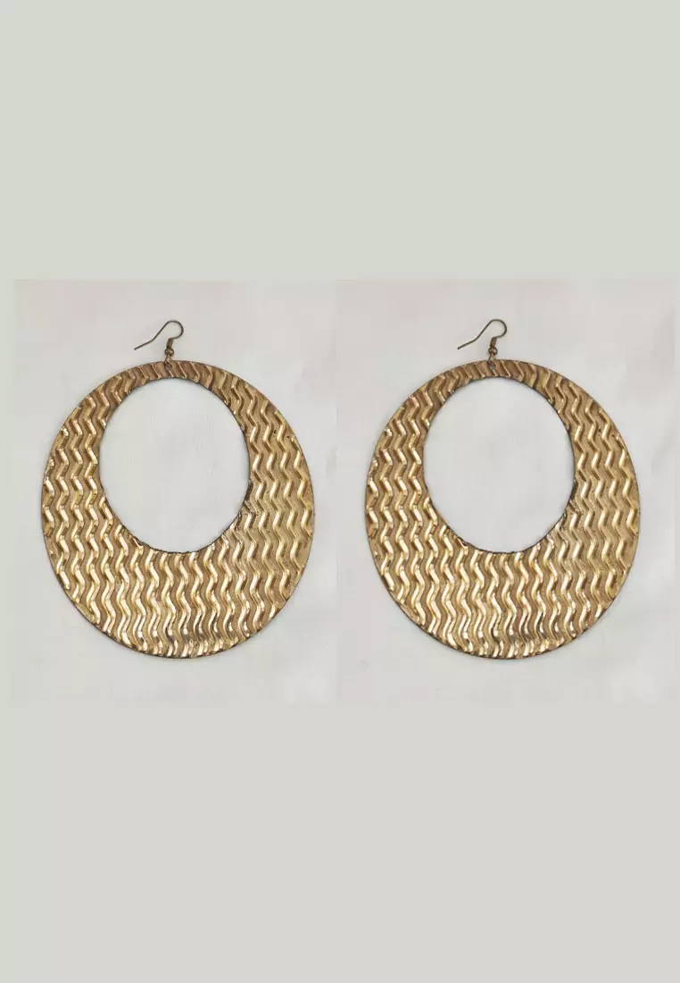Aksesoris Anting Wanita Round Zig-zag Earrings Black & Gold 
