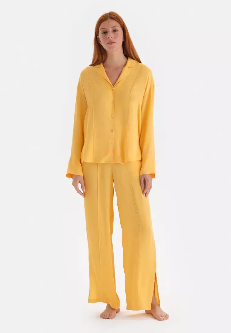Yellow Shirt, Shirt Collar, Regular, Long Sleeve Sleepwear for Women