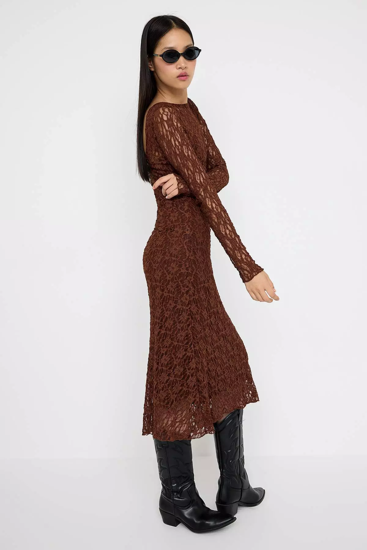 Brown Lace Bodycon Midi Backless Lined Stretch Knit Dress Twoaw26El00016