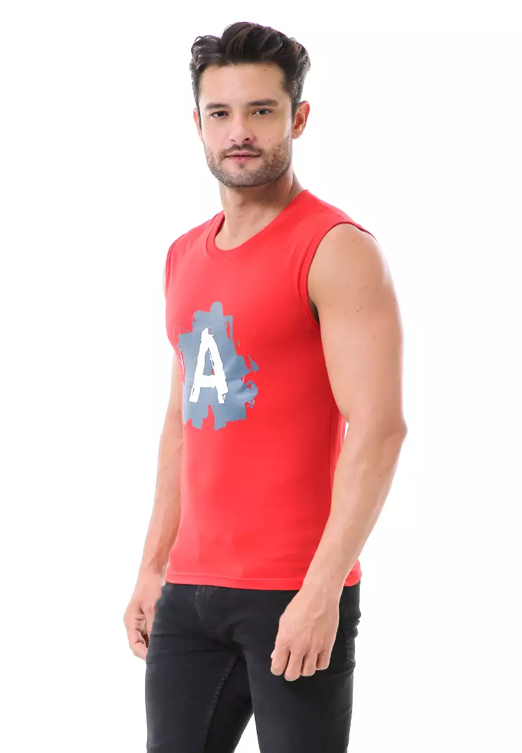 Bobby Atasan Kasual Pria Singlet Motif Huruf A Atasan Tanpa Lengan Material Cotton ORIGINAL - Red
