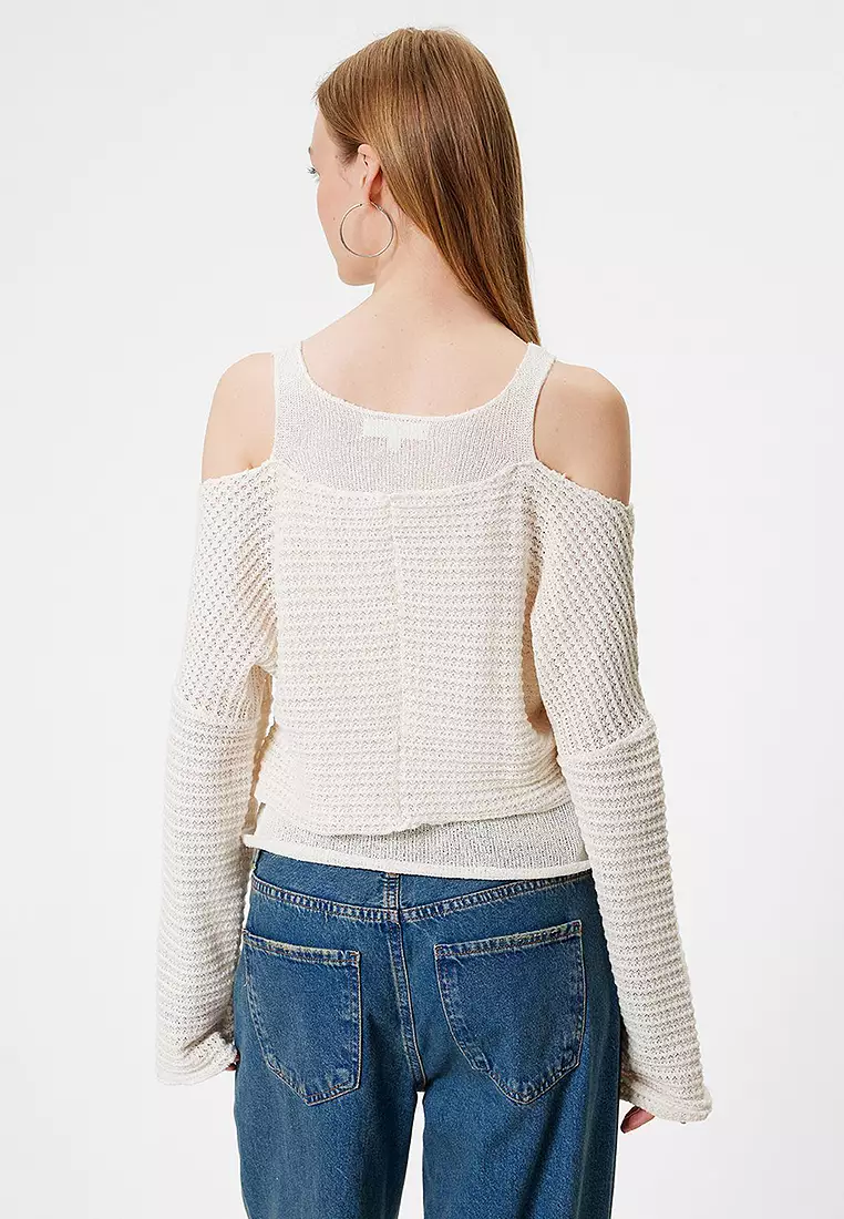 Crochet Textured Window Detail Crew Neck Comfortable Fit Sweater