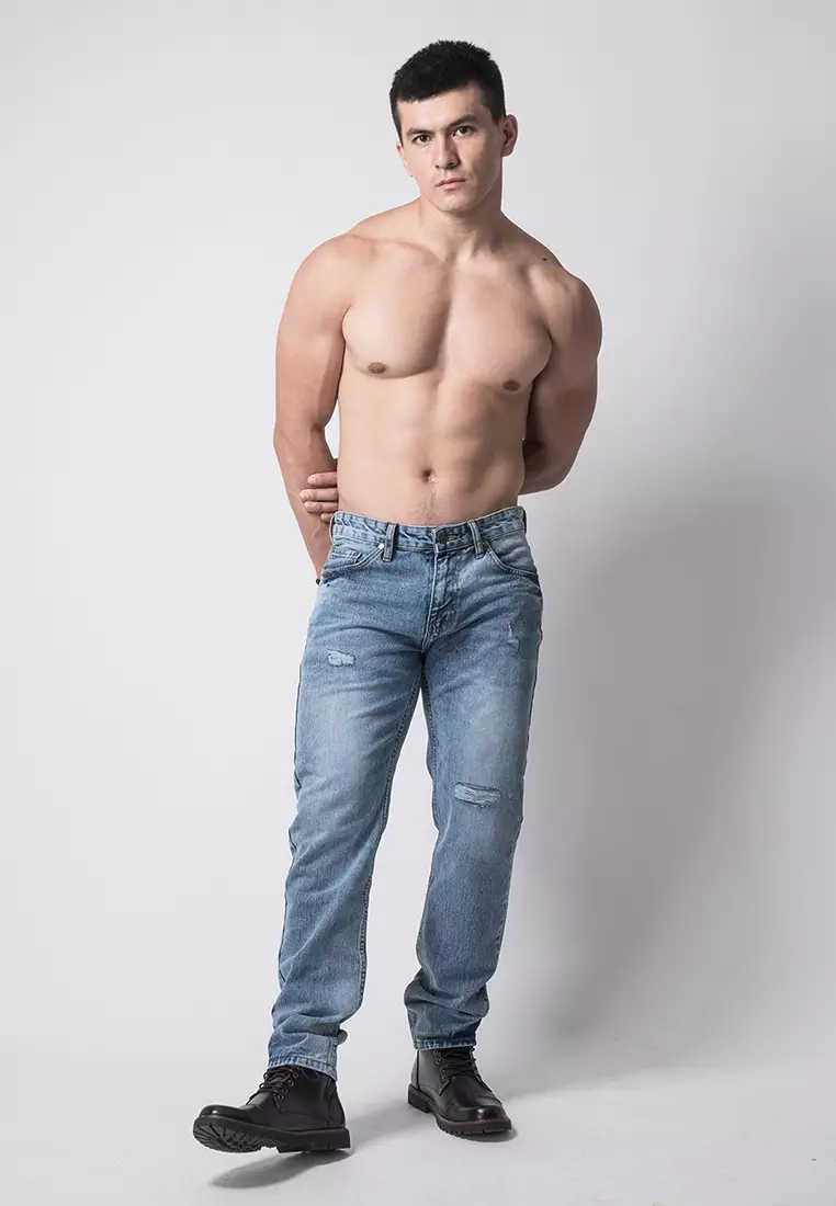 Tapered Fit Jeans Premium Washed Blue Ripped