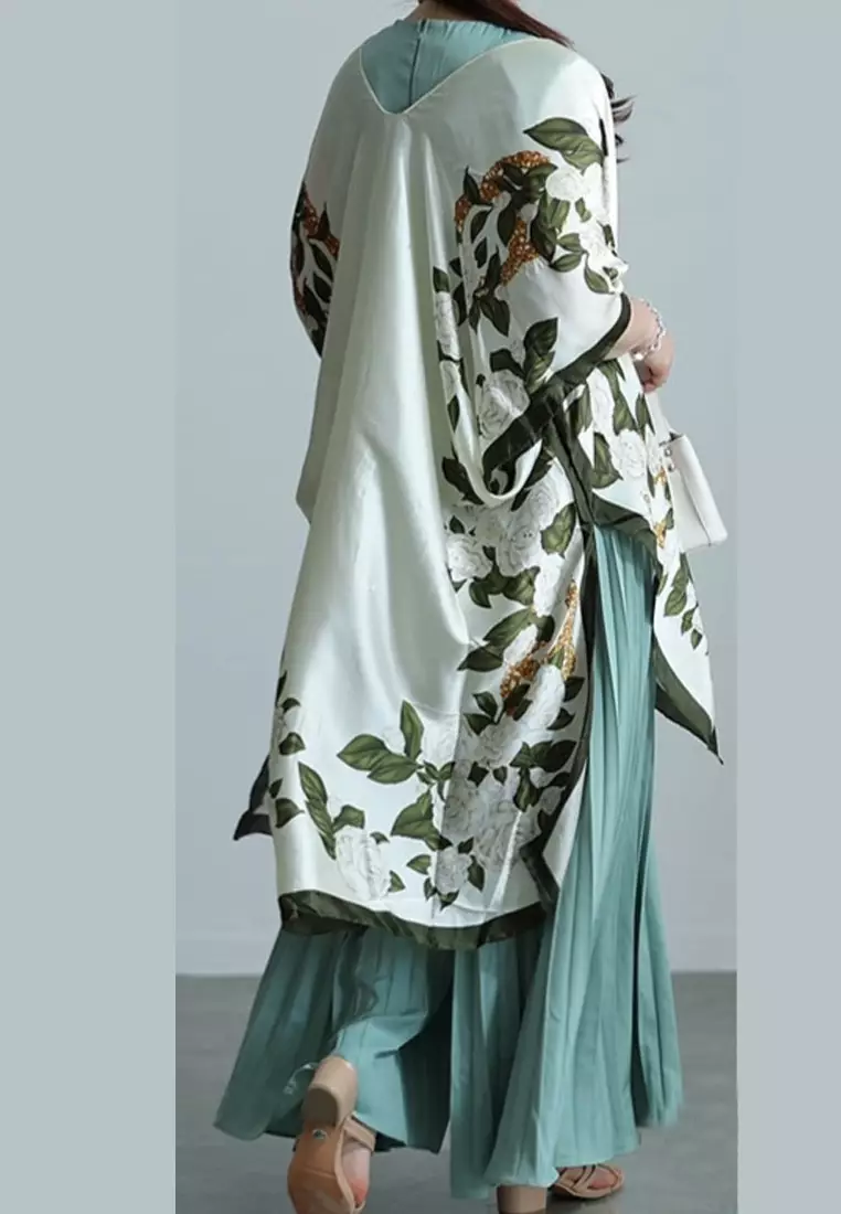 Aksesoris Wanita Garden Flowers Outer Syal Outer Wanita Dark Green & White