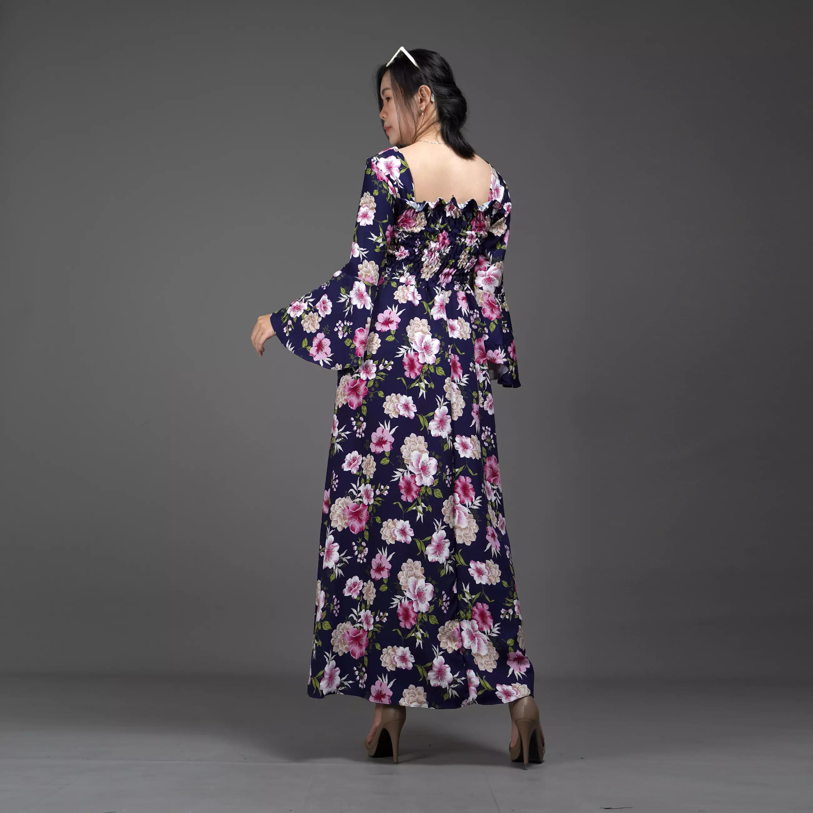 CLOVERIA Long Dress Motif Bunga Gaya Korea Dress Wanita Korean Style - Navy