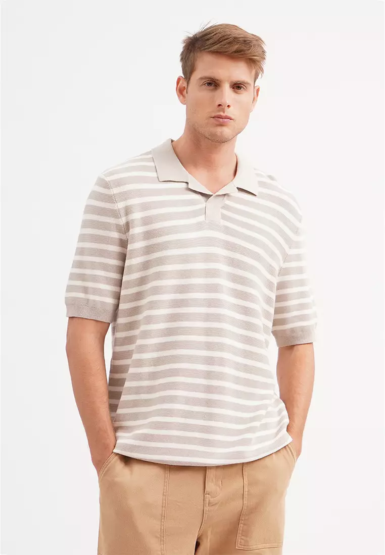 Oversized Fit Striped Polo With Open Collar