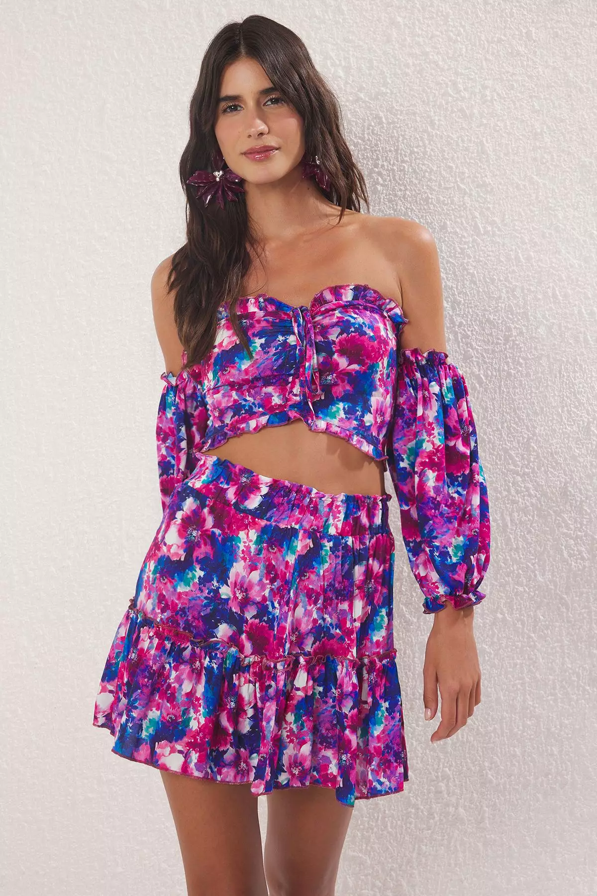 Flower Patterned Woven Frilly Beach Blouse Skirt Suit Tbess21Au0539