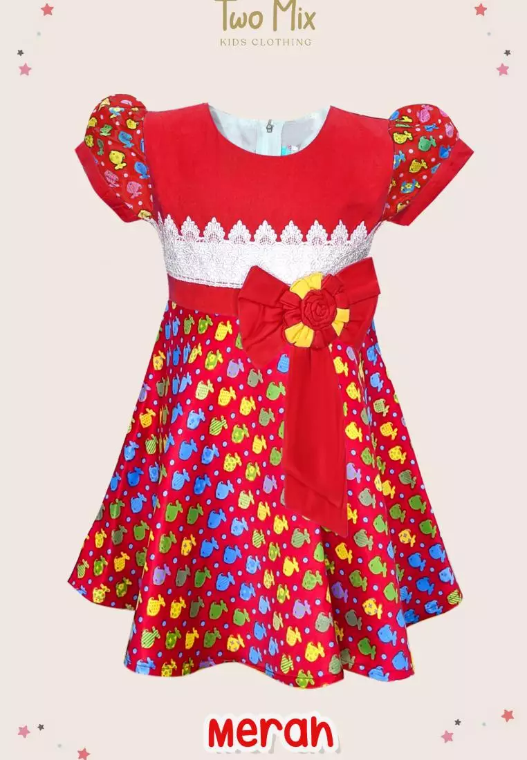 Two Mix Baju Anak Perempuan - Dress Anak Cantik Bahan Satin Usia 1-12 Tahun Y850 Merah