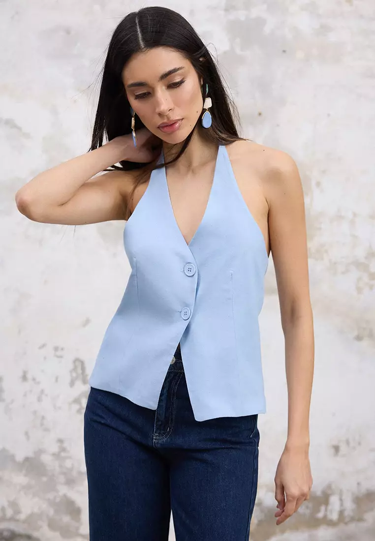 Blue Regular Linen Look Halter Neck Regular Vest Twoss25Ye00096