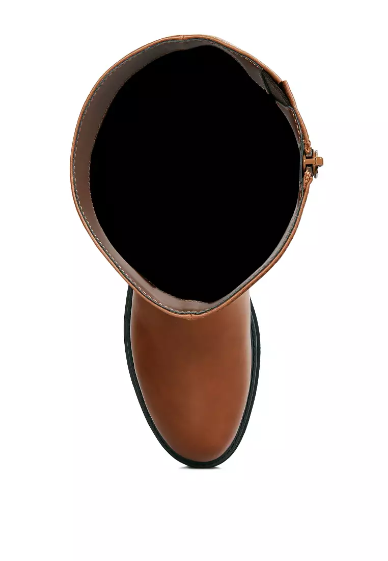 Tan Round Toe Knee High Platform Boot