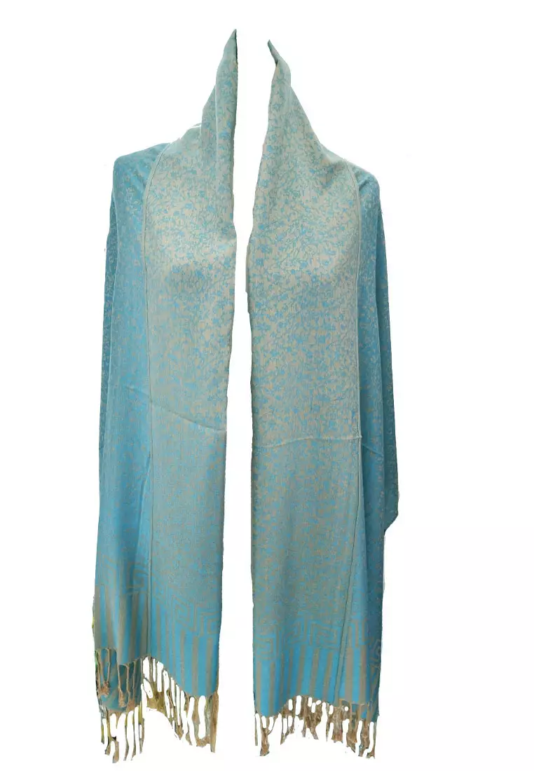 Reversible Viscose Floral Pattern Pashmina Shawl Syal Wanita Aqua Blue