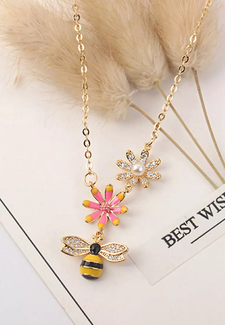 Crystal Flower and Enamel Bee Necklace in Gold