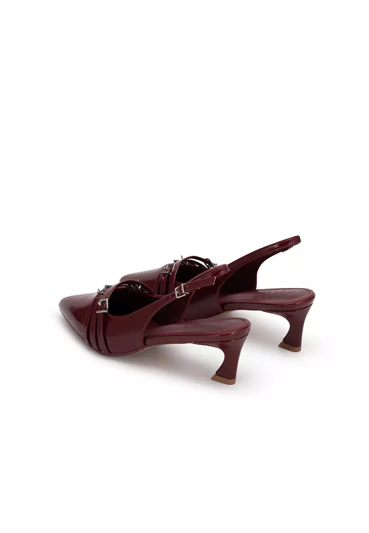 POINTED TOE BUCKLE SLINGBACK HEELS尖头扣饰后空高跟鞋