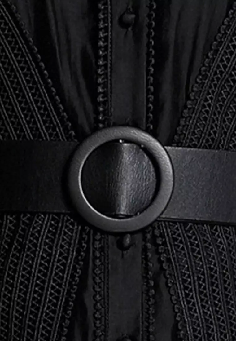 Lace Stitching Stand Collar Waist One-Piece Dress A22050707