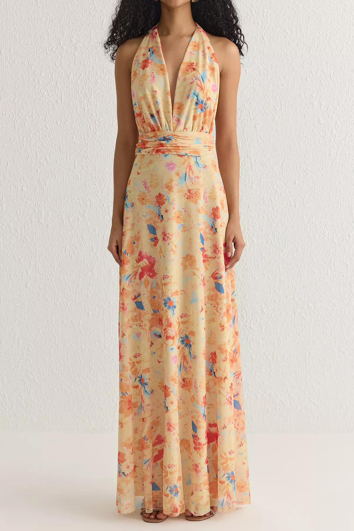 Pink-Multicolored A-Line Floral Patterned Knitted Long Elegant