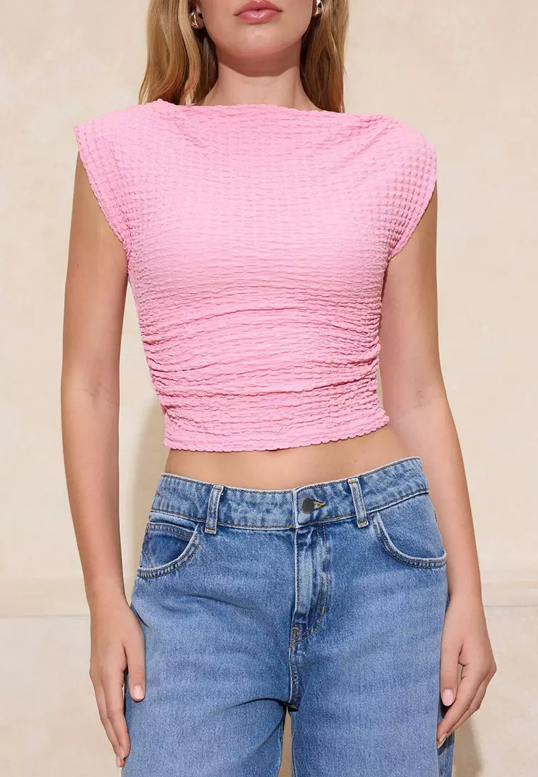 Textured Boat Neck Shirred Sleeveless Stretchy Knitted Top