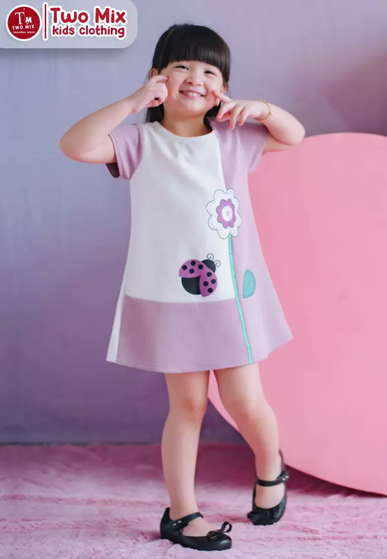 Two Mix Dress Anak Perempuan - Baju Anak Fashion Motif Bunga 4093 Lavender