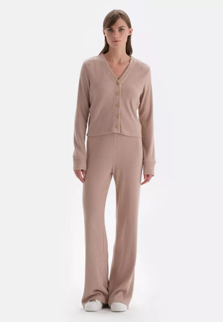 Light Brown Knitwear Top Dressing Gown, V-Neck, Regular Fit, Long Sleeve Sleepwear for Women