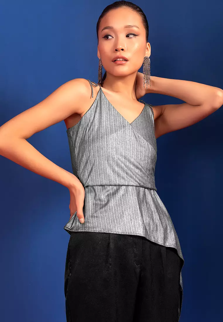 FabAlley Silver Embellished Tie Up Asymmetric Wrap Top