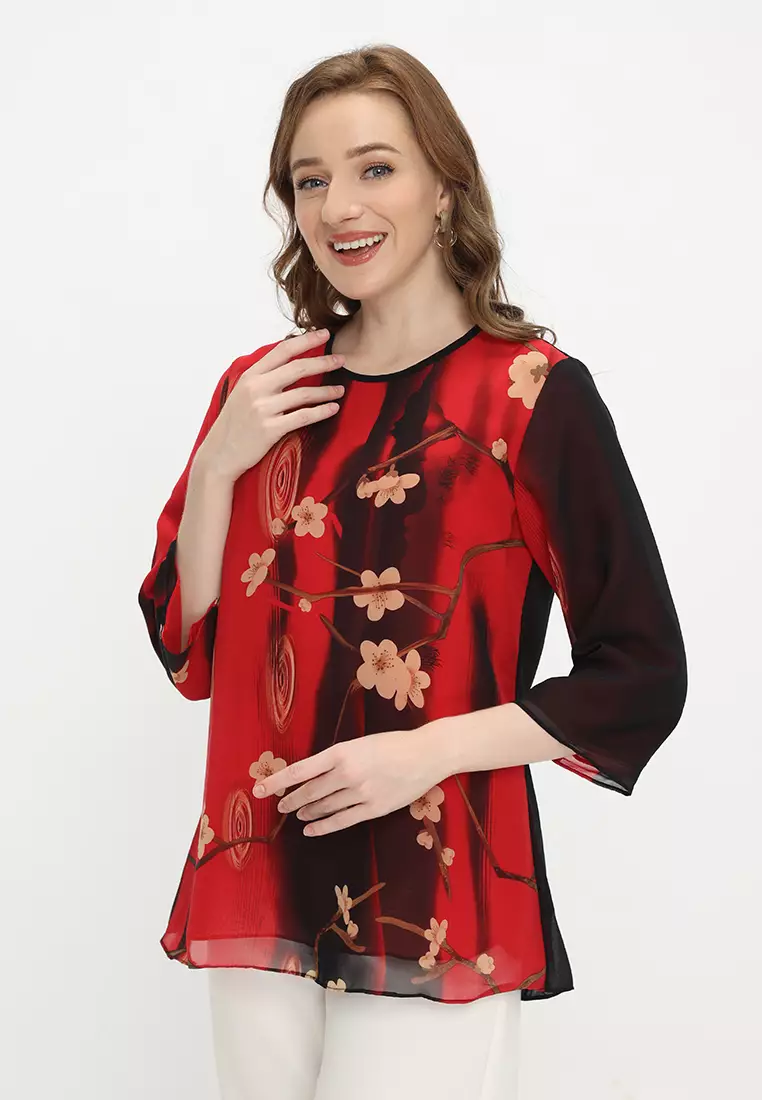 Floral Blouse Two Tone Red And Black By Brilliant Girl Warna MERAH