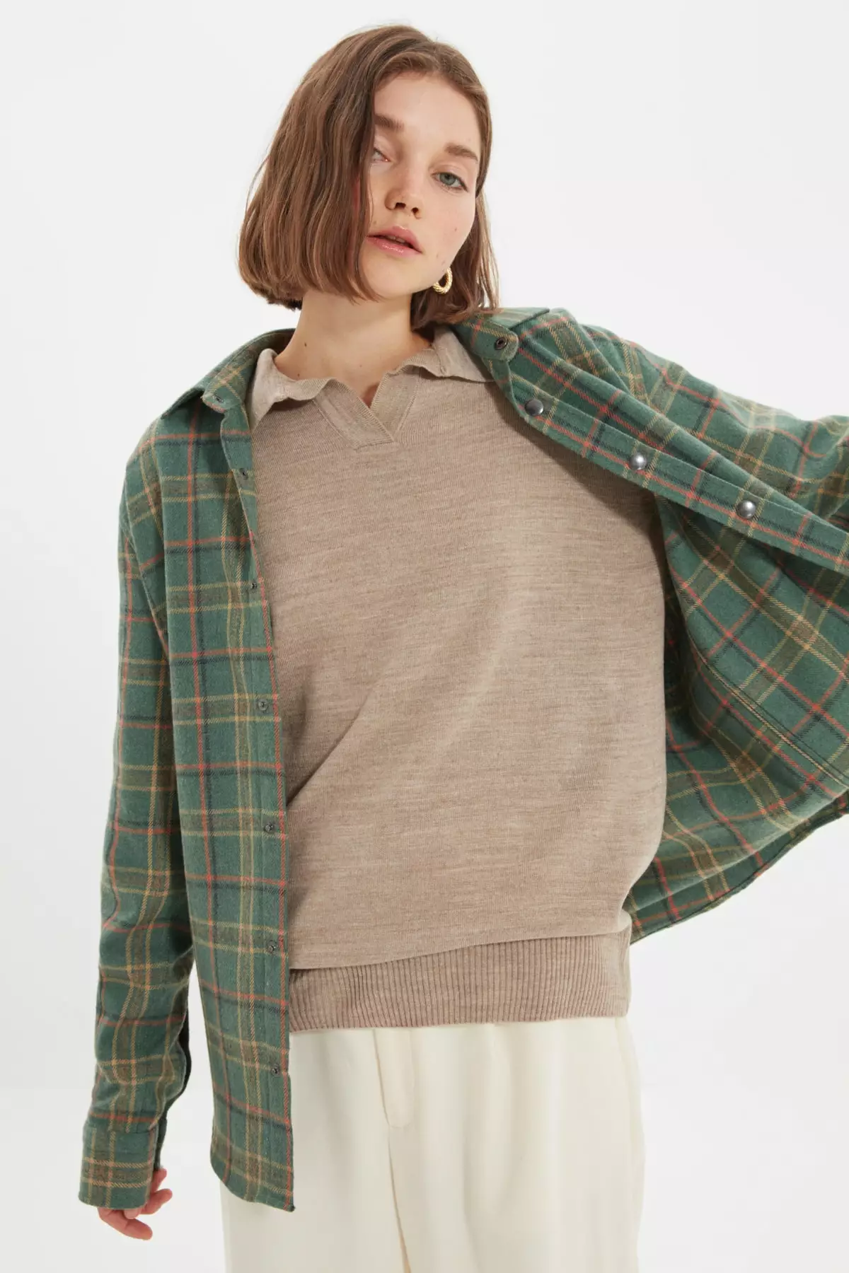 Green Unisex Oversize Plaid Lumberjack Shirt With Snap-In