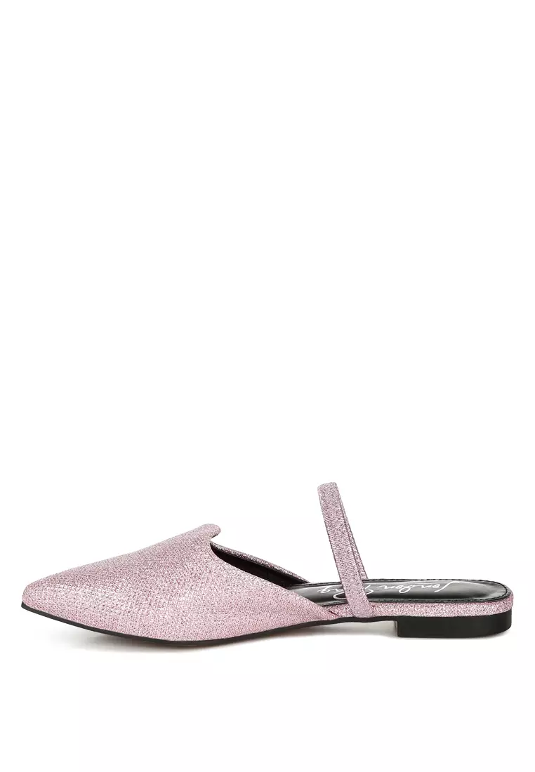 Glitter Faux Leather Flat Mules in Pink