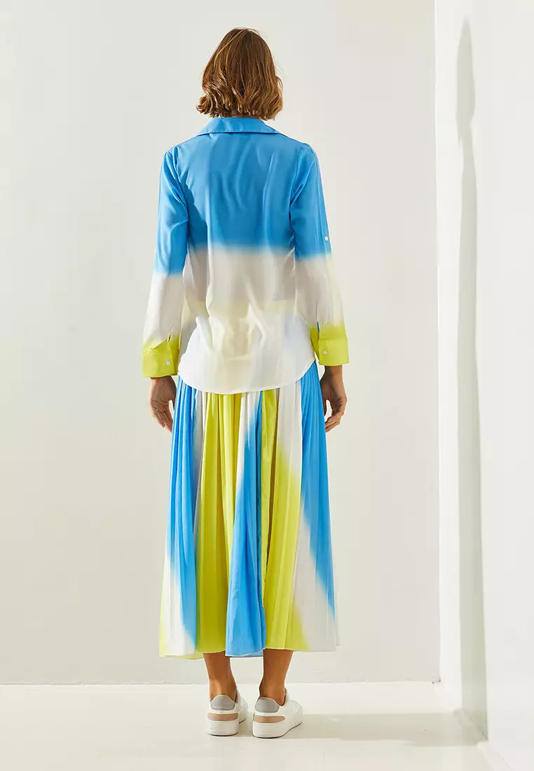 Women's Pleated Elastic Waist Skirt Shirt Top And Bottom Set 2135 60251663