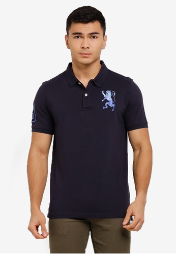 GIORDANO blue Men's 3D Lion Embroidered Stretch Pique Short Sleeve Polo 01011222 6FF65AA6F13A46GS_1