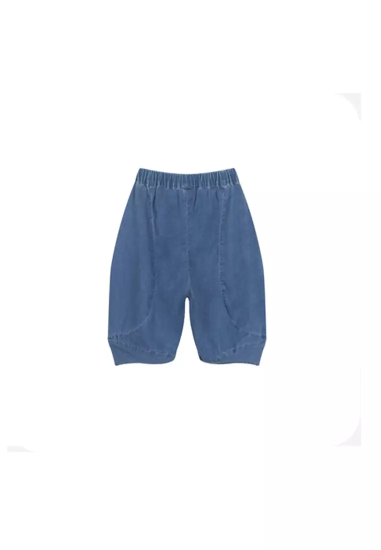 马拉丁儿童装女中大童牛仔中裤弧形分割宽松裤子