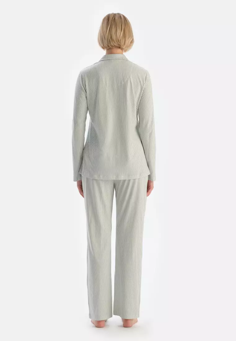 Turquoise Shirt & Trousers, Striped, Shirt Collar, Regular Fit, Long Sleeve Sleepwear for Women